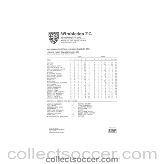 2000 - Wimbledon FC Football League Division One Table 2000-2001 up to & incl. 28/10/2000