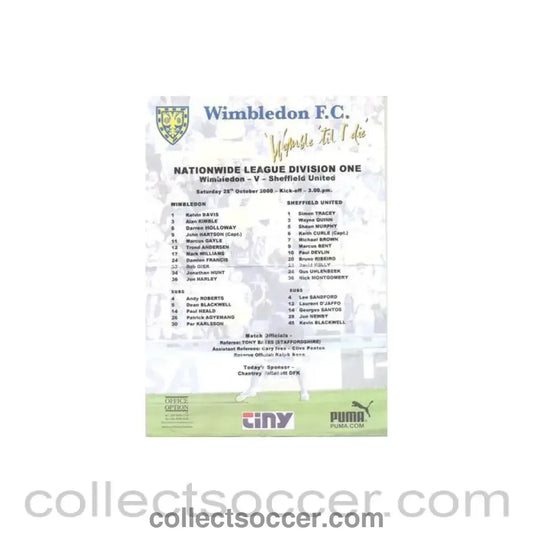 2000 - Wimbledon v Sheffield United official colour teamsheet 28/10/2000 Football League
