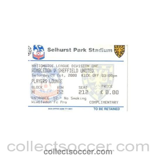 2000 - Wimbledon v Sheffield United ticket 28/10/2000 Football League