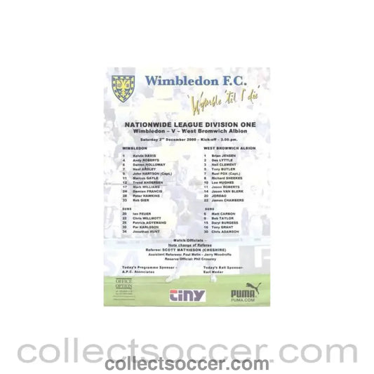 2000 - Wimbledon v West Bromwich Albion official colour teamsheet 02/12/2000 Football League