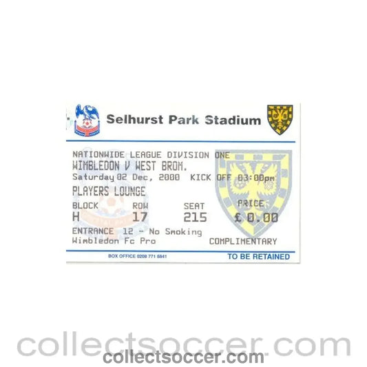 2000 - Wimbledon v West Bromwich Albion ticket 02/12/2000 Football League