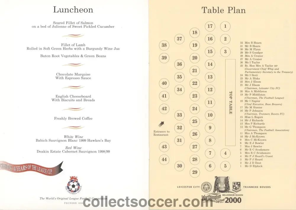 2000 - Worthington Cup Final 2000 Luncheon Menu 27/02/2000 - Collect Soccer