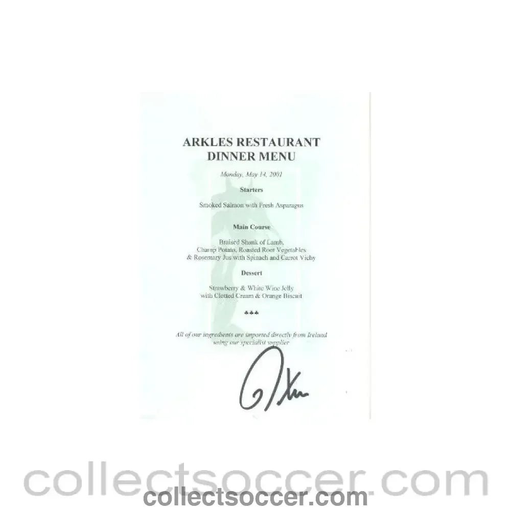 2001 - Arkles Restaurant Dinner Signed Menu 14/05/2001 - Collect Soccer