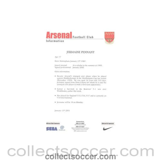 2001 - Arsenal v Chelsea information for the media about Jermaine Pennant 13/01/2001 Premier League