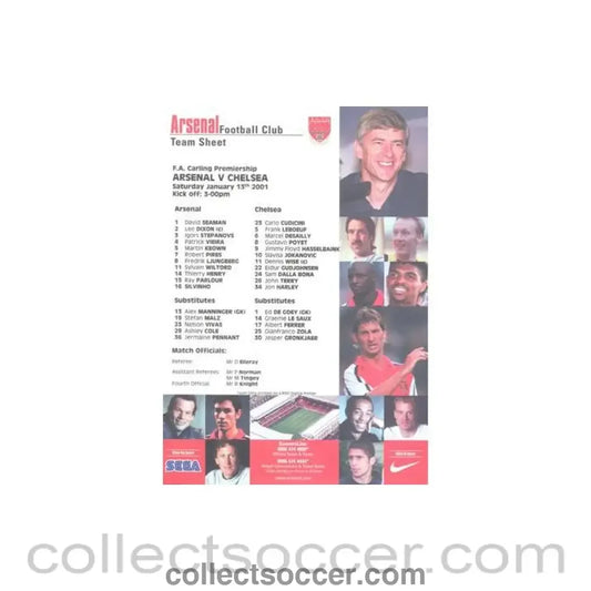 2001 - Arsenal v Chelsea official colour teamsheet 13/01/2001 Premier League