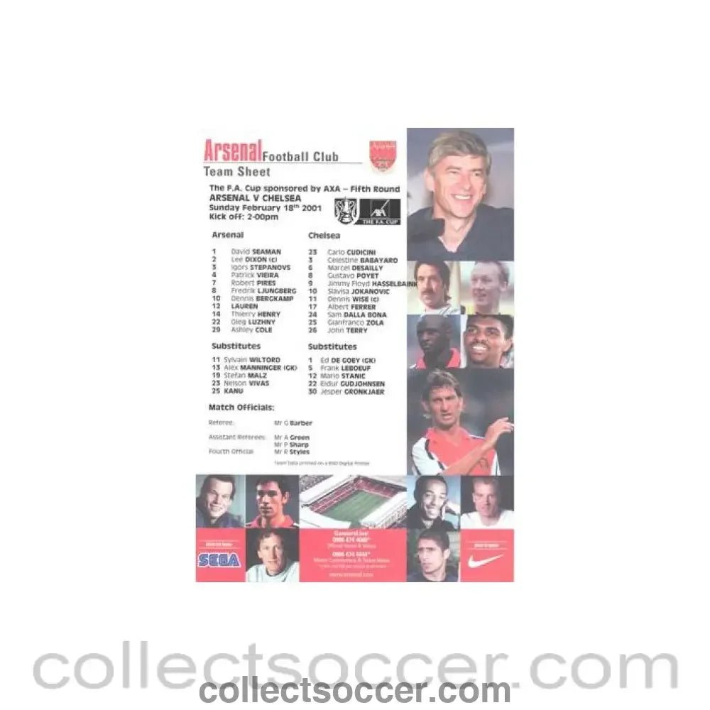 2001 - Arsenal v Chelsea official colour teamsheet 18/02/2001 F.A. Cup - Collect Soccer