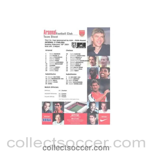 2001 - Arsenal v Chelsea official colour teamsheet 18/02/2001 F.A. Cup