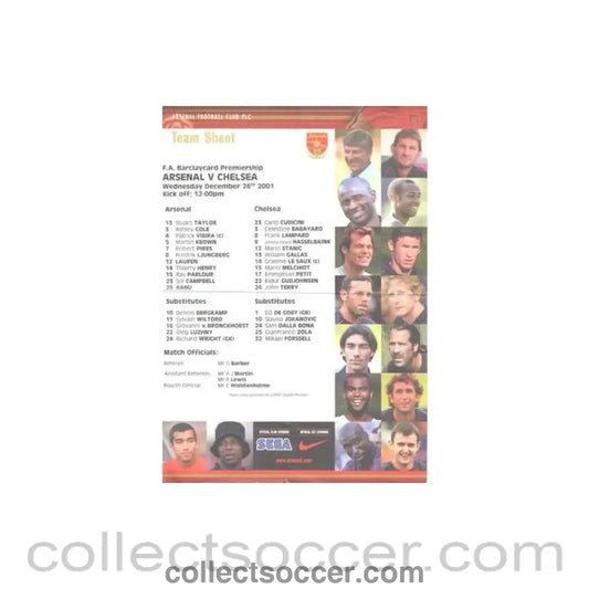 2001 - Arsenal v Chelsea official colour teamsheet 26/12/2001 Premier League
