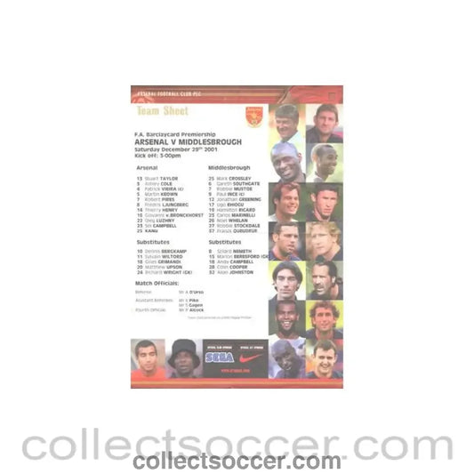 2001 - Arsenal v Middlesbrough official colour teamsheet 29/12/2001 Premier League