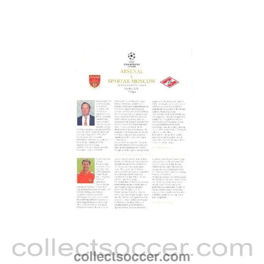 2001 - Arsenal v Spartak Moscow official press pack 06/03/2001