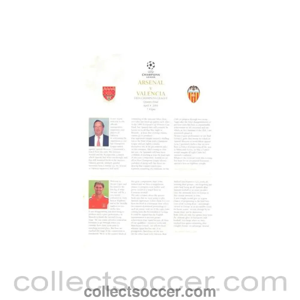 2001 - Arsenal v Valencia official VIP programme 04/04/2001 Champions League