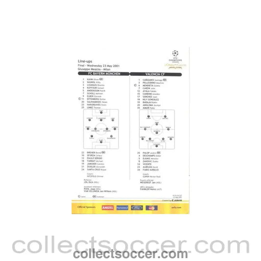 2001 - Bayern Munich v Valencia 2001 Champions League Final in Milan 23/05/2001 tactical line - ups - Collect Soccer