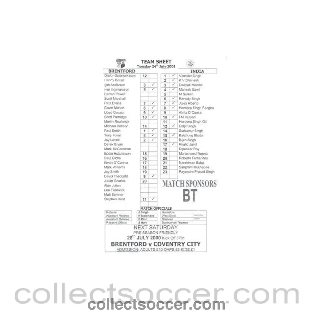 2001 - Brentford v India official teamsheet 24/07/2001 Friendly