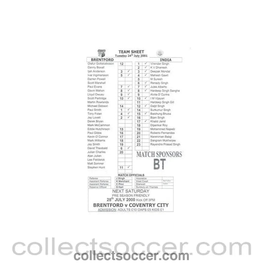 2001 - Brentford v India official teamsheet 24/07/2001 Friendly