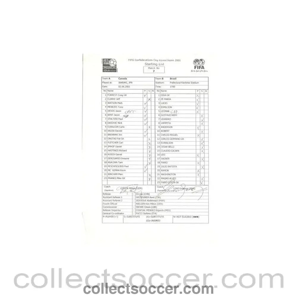 2001 - Canada v Brazil official teamsheet 02/06/2001 Confederations Cup in Korea/Japan
