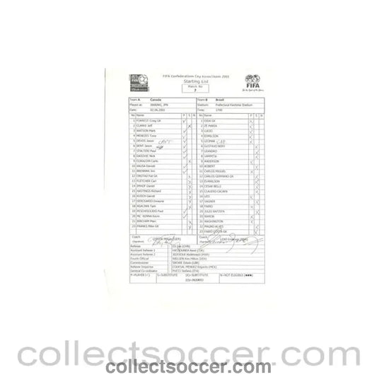 2001 - Canada v Brazil official teamsheet 02/06/2001 Confederations Cup in Korea/Japan - Collect Soccer