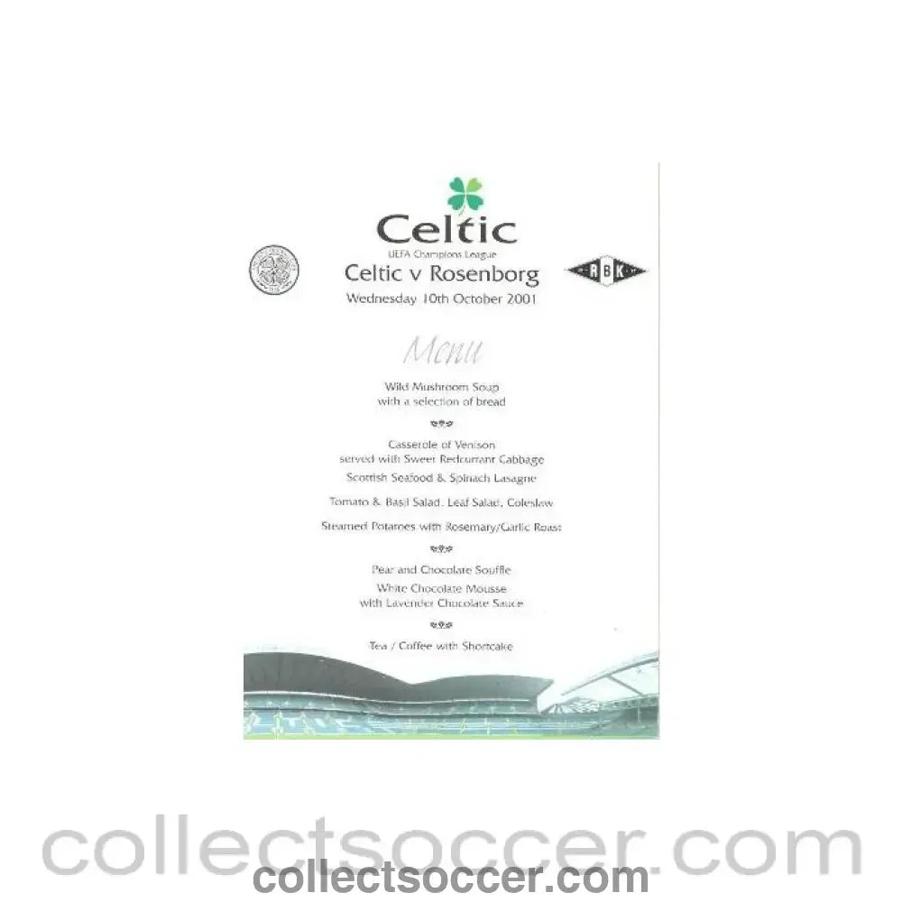 2001 Celtic v Rosenborg menu 10/10/2001