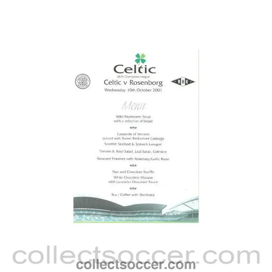 2001 Celtic v Rosenborg menu 10/10/2001