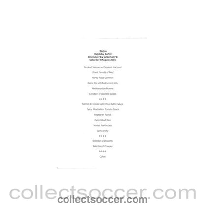 2001 - Chelsea v Arsenal Bistro Buffet menu 08/08/2001