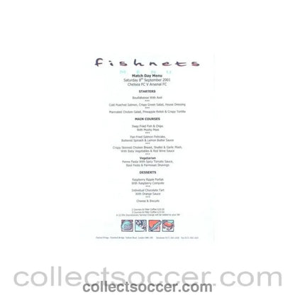 2001 - Chelsea v Arsenal Fishnets menu 08/09/2001 - Collect Soccer