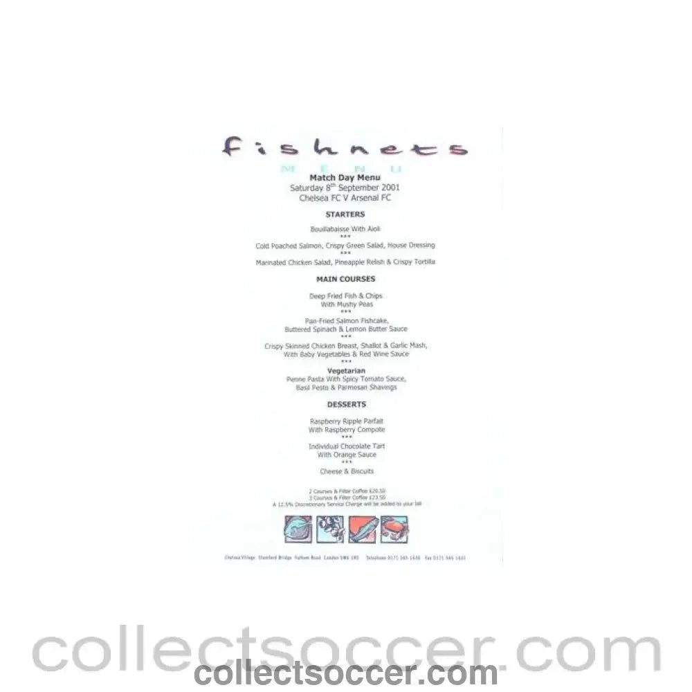 2001 - Chelsea v Arsenal Fishnets menu 08/09/2001 - Collect Soccer