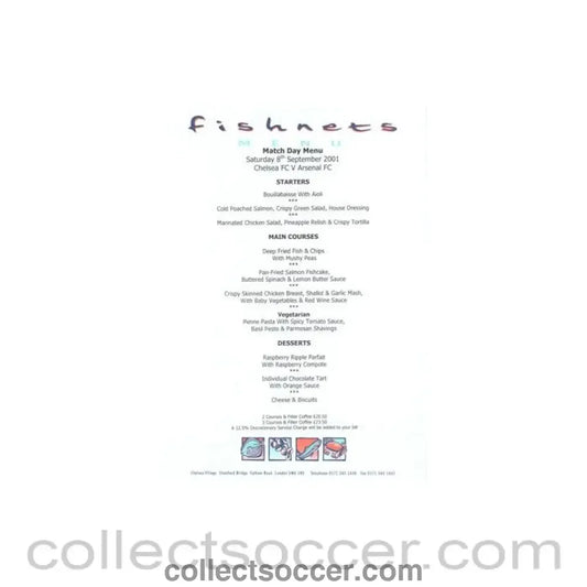 2001 - Chelsea v Arsenal Fishnets menu 08/09/2001