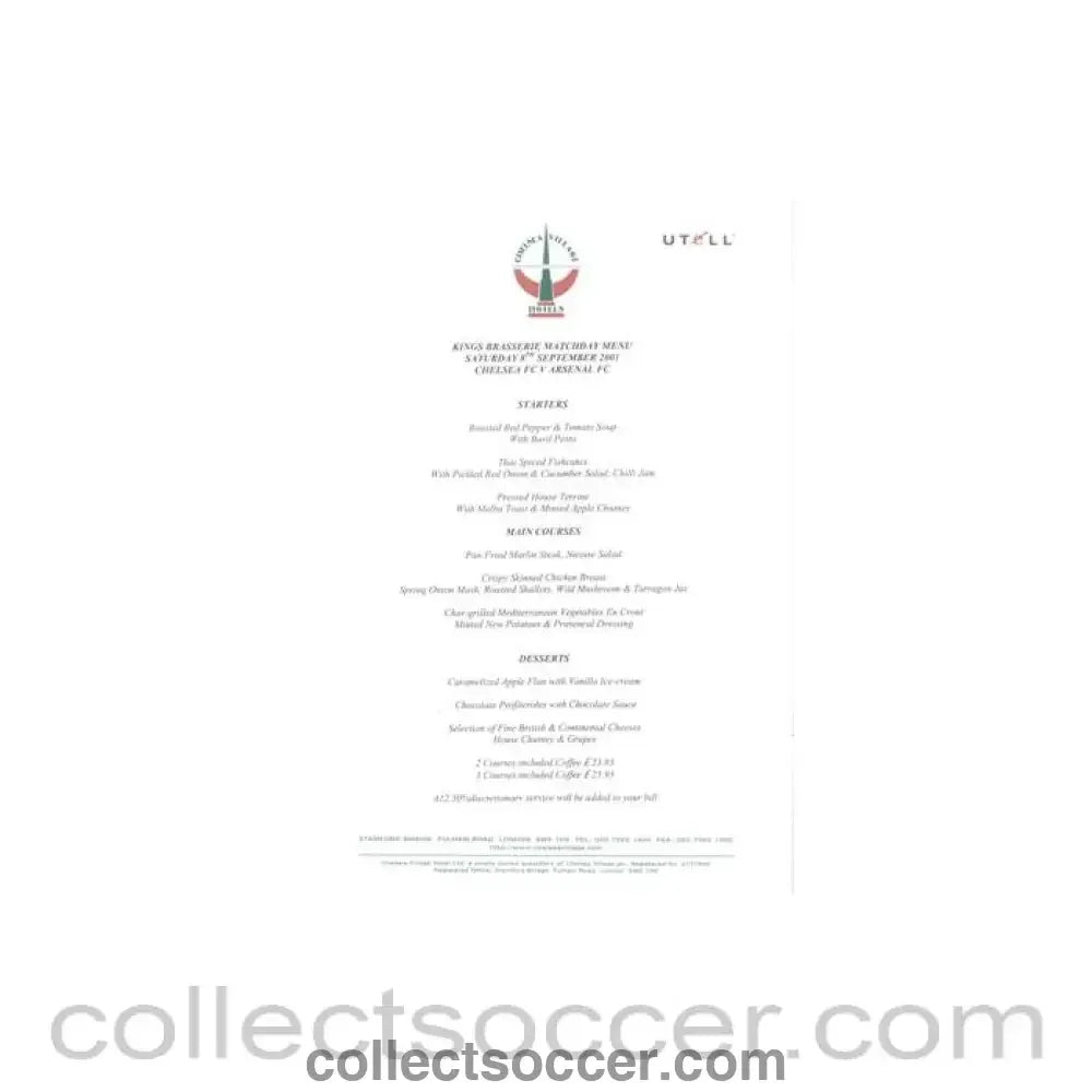 2001 - Chelsea v Arsenal Kings Brasserie menu 08/09/2001