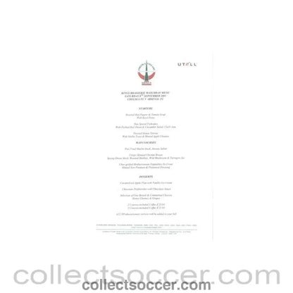 2001 - Chelsea v Arsenal Kings Brasserie menu 08/09/2001