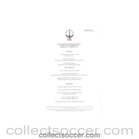 2001 - Chelsea v Arsenal Kings Brasserie menu 08/09/2001