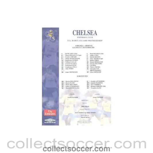 2001 - Chelsea v Arsenal official colour teamsheet 08/09/2001 Premier League