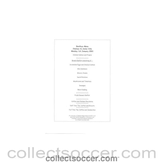 2001 - Chelsea v Aston Villa Bentleys menu 01/01/2001