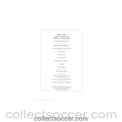 2001 - Chelsea v Aston Villa Bentleys menu 01/01/2001 - Collect Soccer