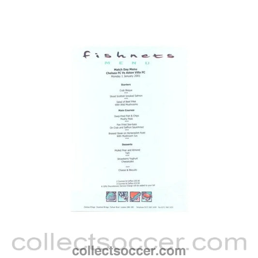 2001 - Chelsea v Aston Villa Fishnets menu 01/01/2001