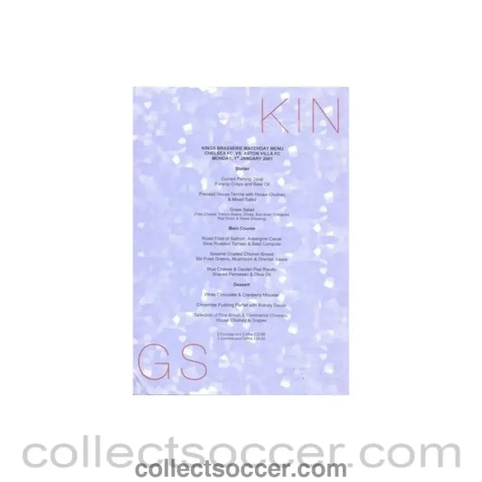 2001 - Chelsea v Aston Villa Kings Brasserie menu 01/01/2001