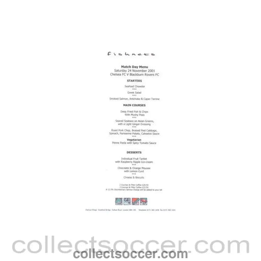 2001 - Chelsea v Blackburn Rovers Fishnets menu 24/11/2001