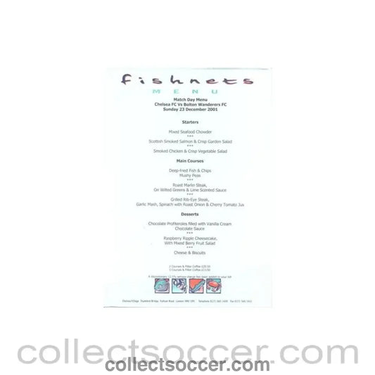 2001 - Chelsea v Bolton Wanderers Fishnets menu 23/12/2001 Premier League