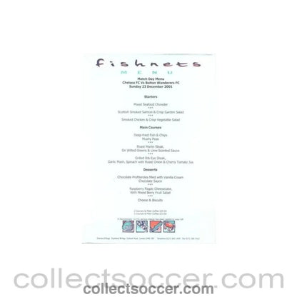 2001 - Chelsea v Bolton Wanderers Fishnets menu 23/12/2001 Premier League - Collect Soccer