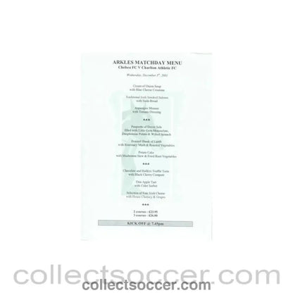 2001 - Chelsea v Charlton Athletic Arkles menu 05/12/2001 - Collect Soccer