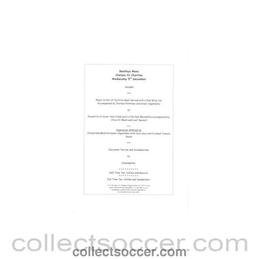 2001 - Chelsea v Charlton Athletic Bentleys menu 05/12/2001