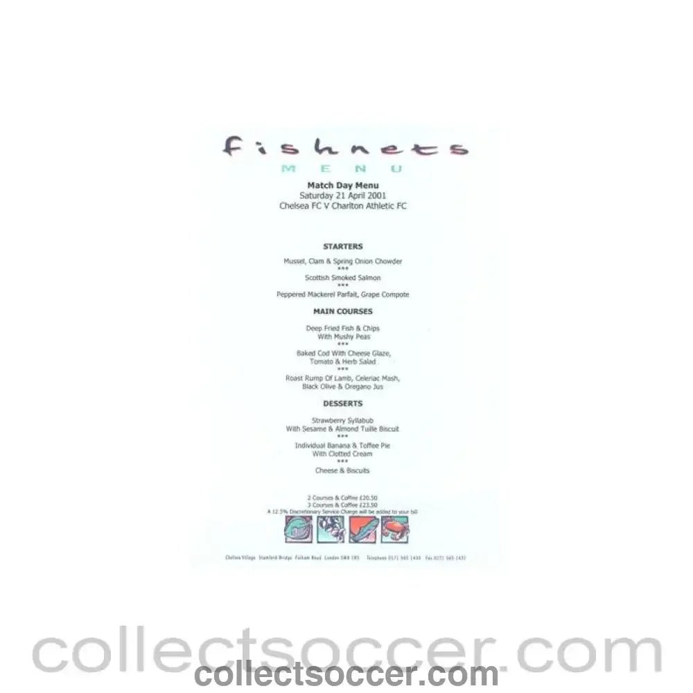 2001 - Chelsea v Charlton Athletic Fishnets menu 21/04/2001 Premier League - Collect Soccer