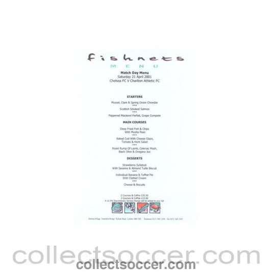 2001 - Chelsea v Charlton Athletic Fishnets menu 21/04/2001 Premier League - Collect Soccer