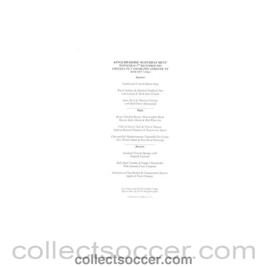 2001 - Chelsea v Charlton Athletic Kings Brasserie menu 05/12/2001