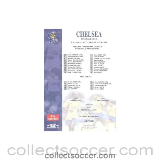 2001 - Chelsea v Charlton Athletic official colour teamsheet 05/12/2001 Premier League