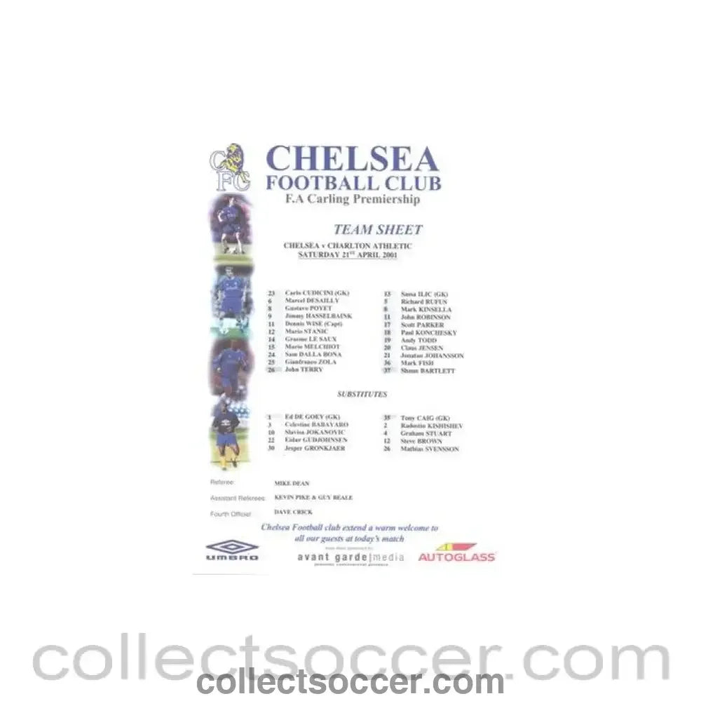 2001 - Chelsea v Charlton Athletic official colour teamsheet 21/04/2001 Premier League