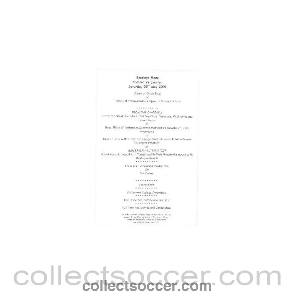 2001 - Chelsea v Everton Bentleys menu 05/05/2001 without cover