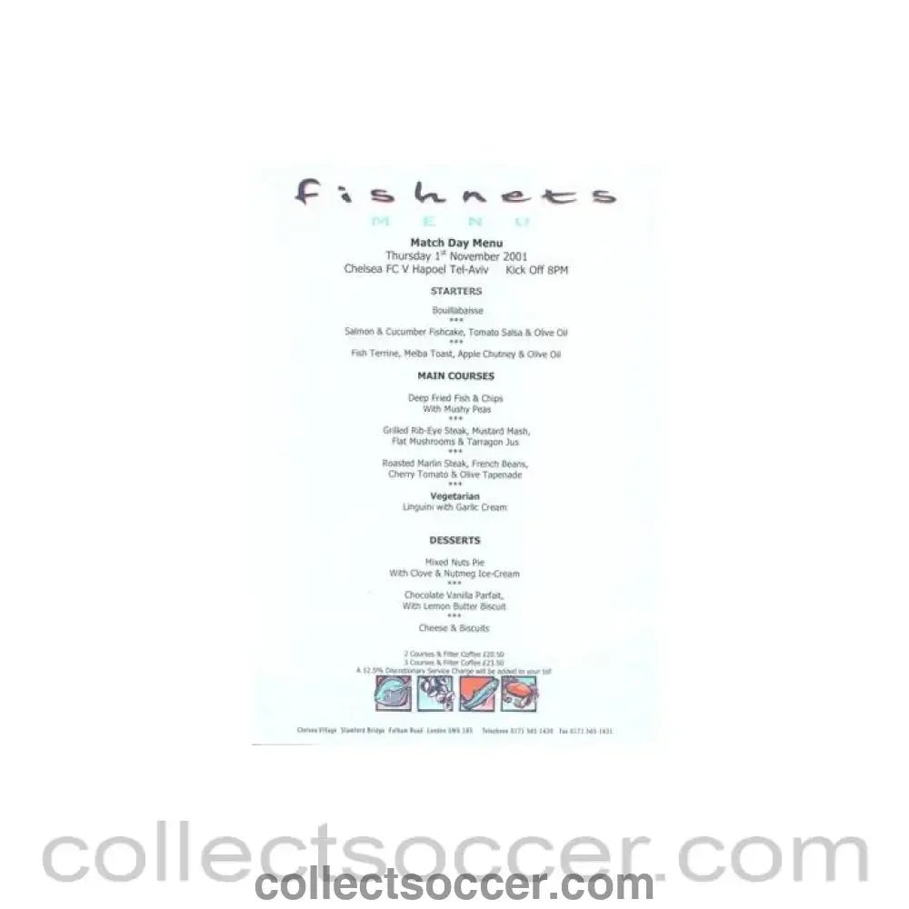 2001 - Chelsea v Hapoel Tel Aviv Fishnets menu 01/11/2001 UEFA Cup - Collect Soccer