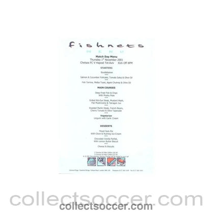 2001 - Chelsea v Hapoel Tel Aviv Fishnets menu 01/11/2001 UEFA Cup - Collect Soccer