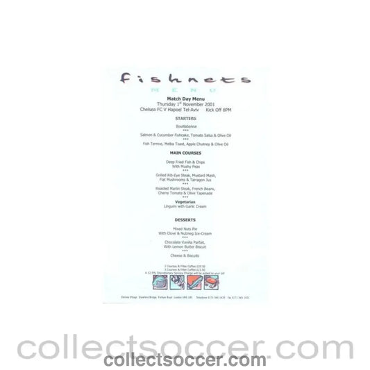 2001 - Chelsea v Hapoel Tel Aviv Fishnets menu 01/11/2001 UEFA Cup
