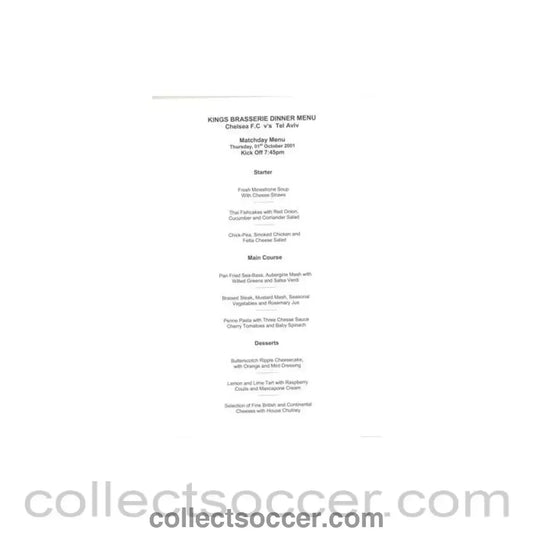 2001 - Chelsea v Hapoel Tel Aviv King’s Brasserie menu 01/11/2001 UEFA Cup