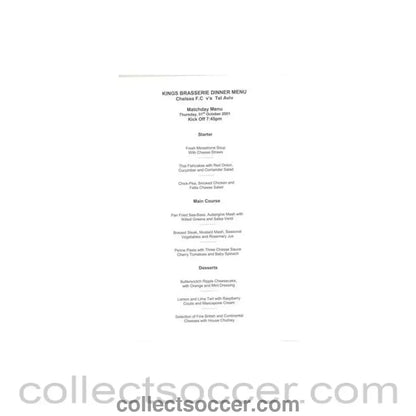 2001 - Chelsea v Hapoel Tel Aviv King's Brasserie menu 01/11/2001 UEFA Cup - Collect Soccer